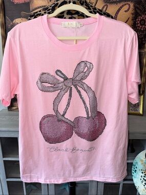 NWT LIZETTE COLLECTION Pink Cherry Heart Rhinestone Tee - Women's Size XL